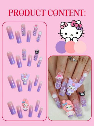 Sanrio 24 قطعة كيتي مانيكير آند ميلودي وكوروومي مزين بالفراشات ثلاثية الأبعاد والأقواس والقلوب اللؤلؤية والنجوم والوردات ،يحتوي على غراء جيلي وملف أظافر ،أظافر كيتي للنساء والفتيات لاستخدام اليومي والحفلات
