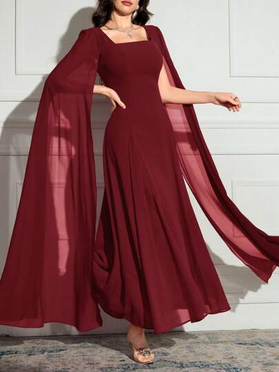 Modelyn العيد فستان سهرة طويل بتصميم بسيط كاجوال طويل الأكمام بياقة مربعة لون واحد للنساء