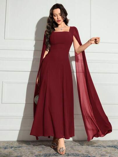 Modelyn العيد فستان سهرة طويل بتصميم بسيط كاجوال طويل الأكمام بياقة مربعة لون واحد للنساء
