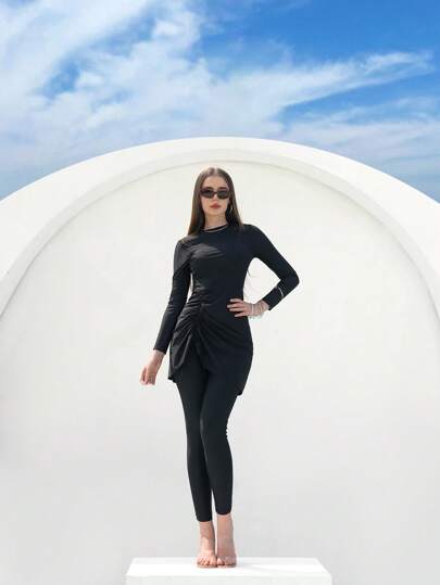 طقم تانكيني حريمي Swim Shayni مجموعة من 2 قطعة ملابس نسائية للشاطئ في الصيف، توب كاجوال فيكاشن أكمام طويلة رقبة دائرية مكشكش جانبي وبيكيني