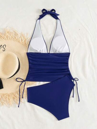 طقم تانكيني حريمي Swim Vcay بدلة سباحة للنساء، مكونة من بلوزة عنق حلقي مجعدة من لون سادة وبنطلون السباحة، للرحلات والعطلات