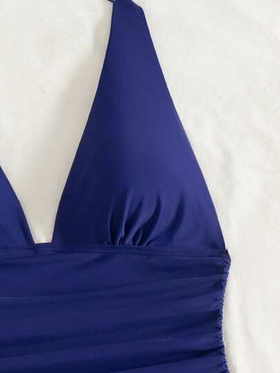 طقم تانكيني حريمي Swim Vcay بدلة سباحة للنساء، مكونة من بلوزة عنق حلقي مجعدة من لون سادة وبنطلون السباحة، للرحلات والعطلات