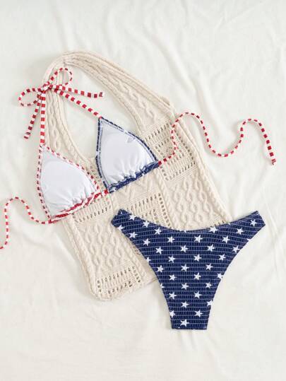 Swim Mod مجموعة بكيني للنساء لصيف وشاطئ العطلات، ملابس علوية حلقة عنق بظهر عاري وقطعة سفلية بأربطة جانبية، مثالي للاحتفال بالرابع من يوليو