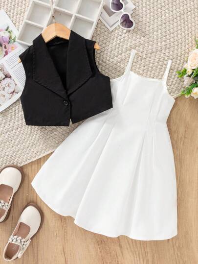 SHEIN Genkimix Kids مجموعة من 2 قطعة سترة صدر بسيطة فساتين للفتيات الشابات