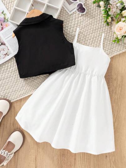 SHEIN Genkimix Kids مجموعة من 2 قطعة سترة صدر بسيطة فساتين للفتيات الشابات