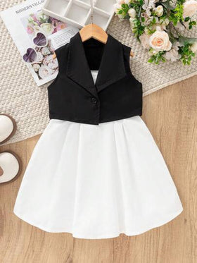 SHEIN Genkimix Kids مجموعة من 2 قطعة سترة صدر بسيطة فساتين للفتيات الشابات