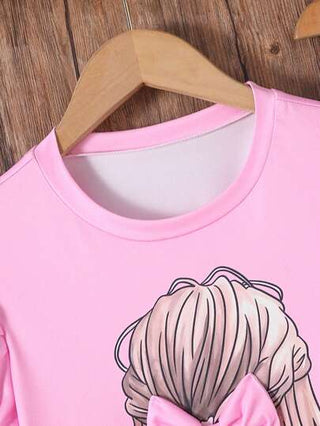 girls-sets مجموعة قطعتين من البناطيل المرنة ذات طبعة السيلوت والفيونكة والتأثير الجينز للبنات (المقاس الكبير) ملابس كاجوال جميلة