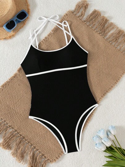 Swim SPRTY قطعة واحدة من الملابس النسائية بلون مُنحَّر للبحر، بخطوط مرتبة لأنشطة الصيف والشاطئ والرياضة