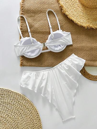 Swim SXY موديلات نسائية لإجازة الربيع من فوق بيكيني ذو لون أساسي مجعد بتصميم ظهر متسابق برفع وداعم للصدر مع قاع متدرج الكشكشة، طقم بيكيني لشاطئ الصيف بحمالات رفيعة