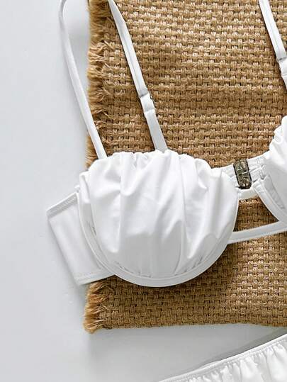 Swim SXY موديلات نسائية لإجازة الربيع من فوق بيكيني ذو لون أساسي مجعد بتصميم ظهر متسابق برفع وداعم للصدر مع قاع متدرج الكشكشة، طقم بيكيني لشاطئ الصيف بحمالات رفيعة