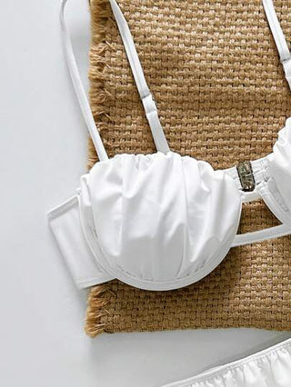 Swim SXY موديلات نسائية لإجازة الربيع من فوق بيكيني ذو لون أساسي مجعد بتصميم ظهر متسابق برفع وداعم للصدر مع قاع متدرج الكشكشة، طقم بيكيني لشاطئ الصيف بحمالات رفيعة
