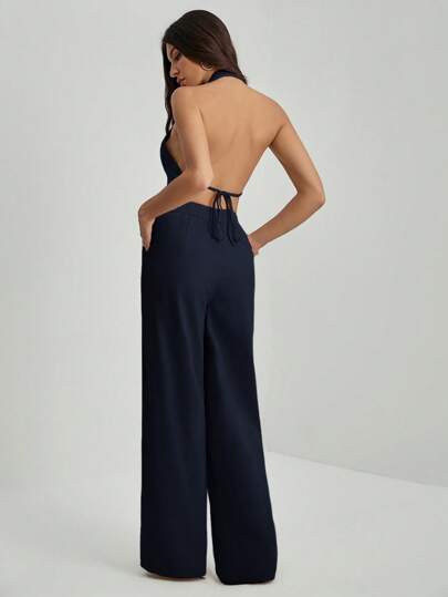 SHEIN Tall ملابس علوية بياقة على شكل حرف V بدون ظهر بدون أكمام + بنطلون ذو ساق واسعة، بدلة مخففة ومطولة للسيدات المكتبيات