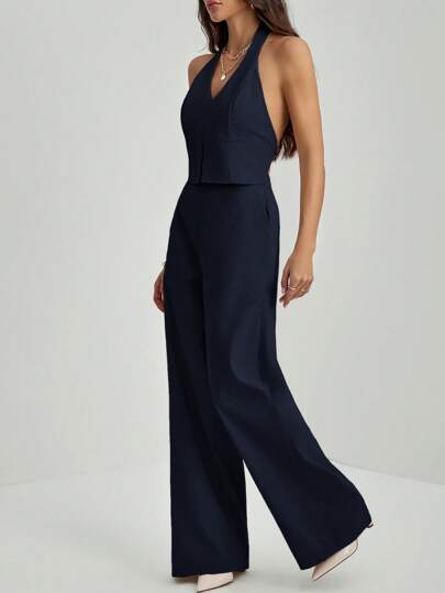 SHEIN Tall ملابس علوية بياقة على شكل حرف V بدون ظهر بدون أكمام + بنطلون ذو ساق واسعة، بدلة مخففة ومطولة للسيدات المكتبيات