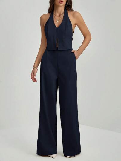 SHEIN Tall ملابس علوية بياقة على شكل حرف V بدون ظهر بدون أكمام + بنطلون ذو ساق واسعة، بدلة مخففة ومطولة للسيدات المكتبيات