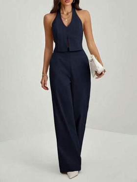 SHEIN Tall ملابس علوية بياقة على شكل حرف V بدون ظهر بدون أكمام + بنطلون ذو ساق واسعة، بدلة مخففة ومطولة للسيدات المكتبيات