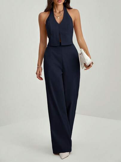 SHEIN Tall ملابس علوية بياقة على شكل حرف V بدون ظهر بدون أكمام + بنطلون ذو ساق واسعة، بدلة مخففة ومطولة للسيدات المكتبيات