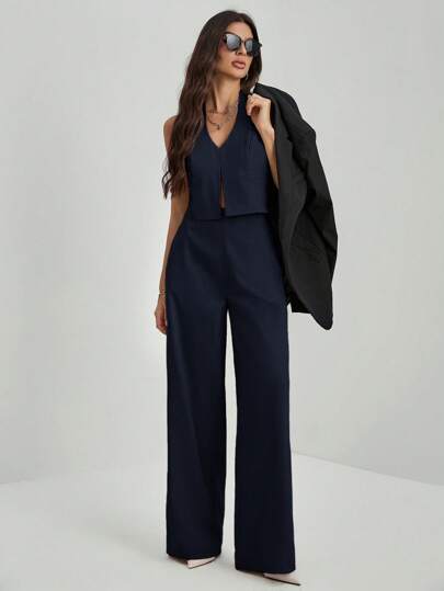 SHEIN Tall ملابس علوية بياقة على شكل حرف V بدون ظهر بدون أكمام + بنطلون ذو ساق واسعة، بدلة مخففة ومطولة للسيدات المكتبيات