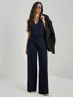 SHEIN Tall ملابس علوية بياقة على شكل حرف V بدون ظهر بدون أكمام + بنطلون ذو ساق واسعة، بدلة مخففة ومطولة للسيدات المكتبيات