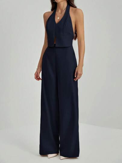 SHEIN Tall ملابس علوية بياقة على شكل حرف V بدون ظهر بدون أكمام + بنطلون ذو ساق واسعة، بدلة مخففة ومطولة للسيدات المكتبيات