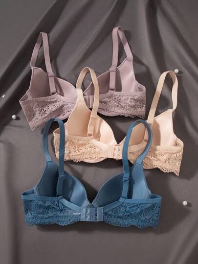 Shein Underwear&Sleepwear Basics 3 قطع بدلة لليدين من الدانتيل ذات لون واحد للنساء