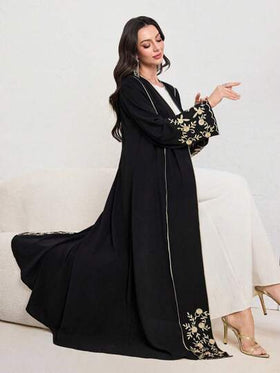 Al Najma عباية طويلة الأكمام مطرزة بزخارف زهرية أمامية مفتوحة ، ردائ محتشم للنساء