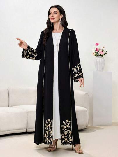 Al Najma عباية طويلة الأكمام مطرزة بزخارف زهرية أمامية مفتوحة ، ردائ محتشم للنساء