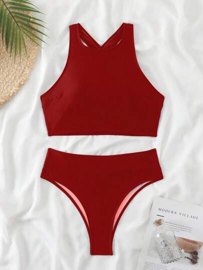 طقم تانكيني حريمي Swim SPRTY مجموعة ملابس السباحة المكونة من قطعتين للنساء، من نمط اللون الواحد، مثير وضيق وكاجوال
