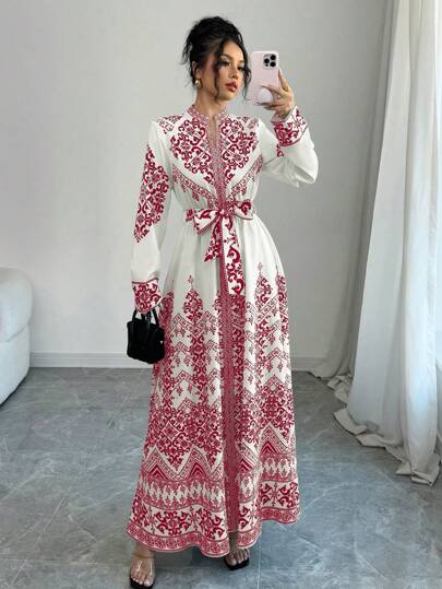 فساتين حريمي Elenzga فستان نسائي ذو كم طويل وخصر مربوط مطرز بالأزهار