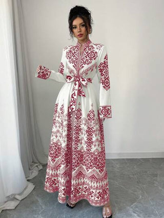 فساتين حريمي Elenzga فستان نسائي ذو كم طويل وخصر مربوط مطرز بالأزهار