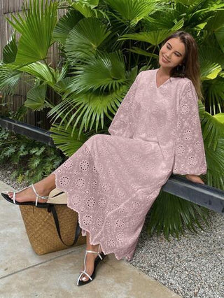 فساتين حريمي DAZY فستان طويل الأكمام بطراز بوهيمي لارتداء فوق الفساتين ،كحري اللون، بياقة على شكل حرف V، من قماش جاكارد فضفاض للنساء، فستان صيفي