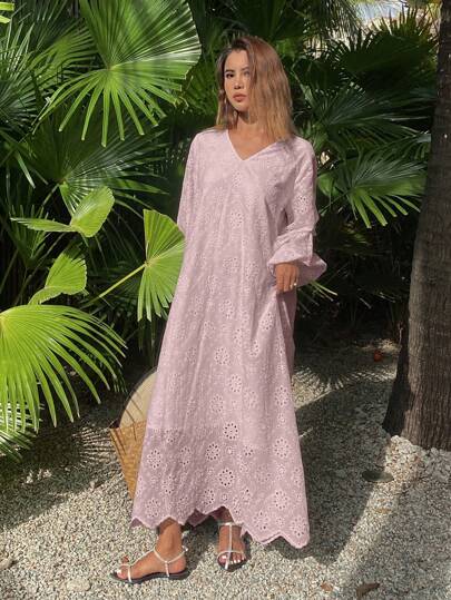 فساتين حريمي DAZY فستان طويل الأكمام بطراز بوهيمي لارتداء فوق الفساتين ،كحري اللون، بياقة على شكل حرف V، من قماش جاكارد فضفاض للنساء، فستان صيفي
