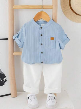 SHEIN LMoss Kids مجموعة ملابس 2 قطعة للأطفال الرضع، بنين/بنات، فستان قصير كاجوال صيفي، بألوان سادة بسيطة، ملابس علوية بأكمام قصيرة وبنطلون بخصر مطاطي، ملائم للربيع/الصيف/الخريف