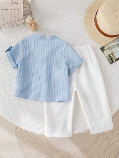 SHEIN LMoss Kids مجموعة ملابس 2 قطعة للأطفال الرضع، بنين/بنات، فستان قصير كاجوال صيفي، بألوان سادة بسيطة، ملابس علوية بأكمام قصيرة وبنطلون بخصر مطاطي، ملائم للربيع/الصيف/الخريف