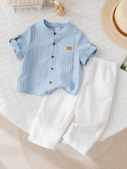 SHEIN LMoss Kids مجموعة ملابس 2 قطعة للأطفال الرضع، بنين/بنات، فستان قصير كاجوال صيفي، بألوان سادة بسيطة، ملابس علوية بأكمام قصيرة وبنطلون بخصر مطاطي، ملائم للربيع/الصيف/الخريف