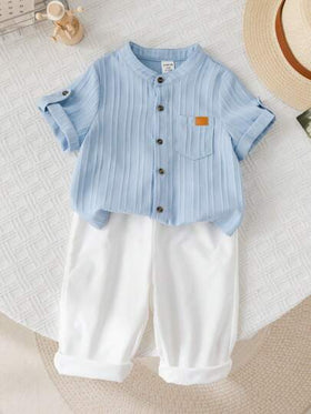 SHEIN LMoss Kids مجموعة ملابس 2 قطعة للأطفال الرضع، بنين/بنات، فستان قصير كاجوال صيفي، بألوان سادة بسيطة، ملابس علوية بأكمام قصيرة وبنطلون بخصر مطاطي، ملائم للربيع/الصيف/الخريف