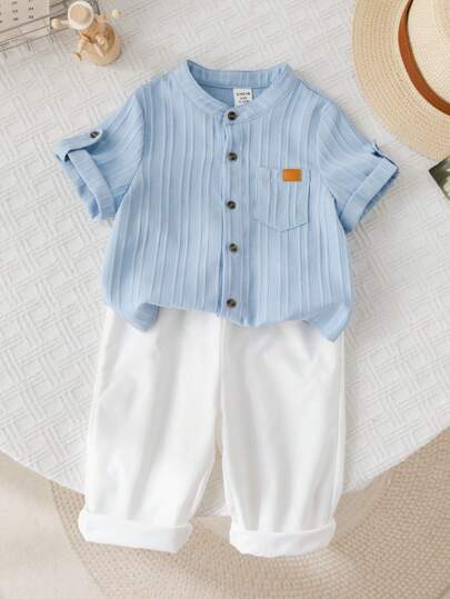 SHEIN LMoss Kids مجموعة ملابس 2 قطعة للأطفال الرضع، بنين/بنات، فستان قصير كاجوال صيفي، بألوان سادة بسيطة، ملابس علوية بأكمام قصيرة وبنطلون بخصر مطاطي، ملائم للربيع/الصيف/الخريف