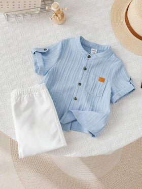 SHEIN LMoss Kids مجموعة ملابس 2 قطعة للأطفال الرضع، بنين/بنات، فستان قصير كاجوال صيفي، بألوان سادة بسيطة، ملابس علوية بأكمام قصيرة وبنطلون بخصر مطاطي، ملائم للربيع/الصيف/الخريف