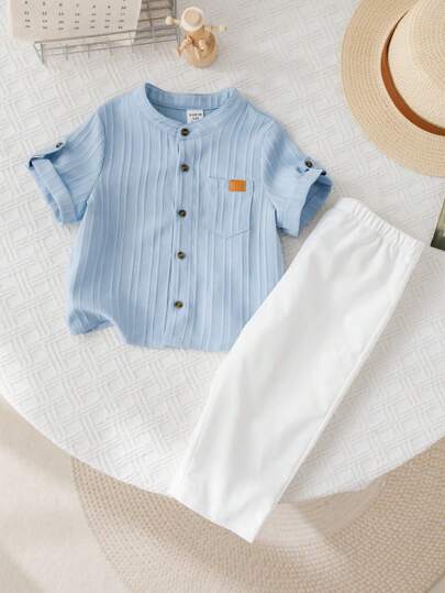 SHEIN LMoss Kids مجموعة ملابس 2 قطعة للأطفال الرضع، بنين/بنات، فستان قصير كاجوال صيفي، بألوان سادة بسيطة، ملابس علوية بأكمام قصيرة وبنطلون بخصر مطاطي، ملائم للربيع/الصيف/الخريف