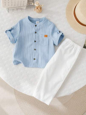 SHEIN LMoss Kids مجموعة ملابس 2 قطعة للأطفال الرضع، بنين/بنات، فستان قصير كاجوال صيفي، بألوان سادة بسيطة، ملابس علوية بأكمام قصيرة وبنطلون بخصر مطاطي، ملائم للربيع/الصيف/الخريف