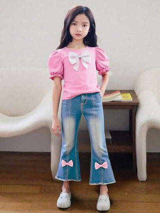 girls-sets Genkimix Kids طقم قميص رقبة مستديرة قصير الأكمام مع زخرفة الفيونكة وبنطال طويل للفتيات المراهقات، إطلالة كاجوال