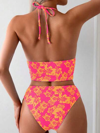 طقم تانكيني حريمي Swim طقم ملابس السباحة للنساء المكون من قطعتين قطعة علوية بطبعة زهرية مع حلقة للرقبة، وربطة أمامية، و قطعة سفلية مطبوعة في الصيف على الشاطئ