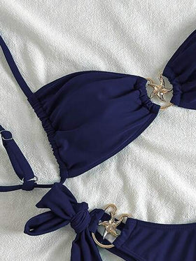 Swim Mod ملابس نسائية صيفية للشاطئ، بيكيني بنقشة نجوم البحر المعدنية بحمالات قابلة للربط في الجانب، ملابس سباحة سكسي