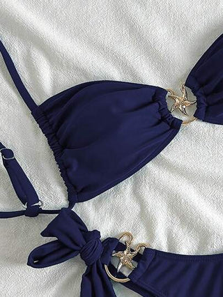 Swim Mod ملابس نسائية صيفية للشاطئ، بيكيني بنقشة نجوم البحر المعدنية بحمالات قابلة للربط في الجانب، ملابس سباحة سكسي