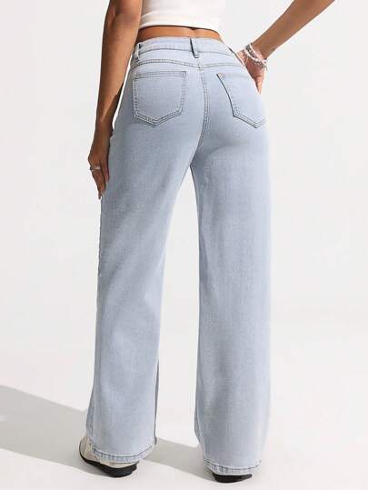 EZwear جينز نسائي فضفاض مستقيم الساق جيوب متعدد الاستخدامات كاجوال