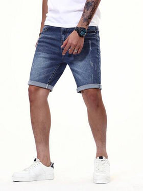 Manfinity Homme شورت جينز رجالي ممزق برسمة حافة مطوية من الأسفل باللون الأزرق الداكن، مناسب للعطلات وللأصدقاء العزيزين
