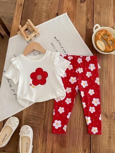 طقم للبنات الرضع: ملابس علوية كروشيه بأكمام قصيرة وبنطلون بطباعة زهرية، مناسب للربيع والصيف