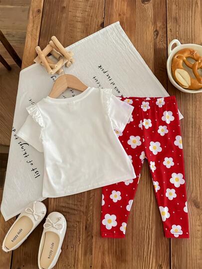 طقم للبنات الرضع: ملابس علوية كروشيه بأكمام قصيرة وبنطلون بطباعة زهرية، مناسب للربيع والصيف