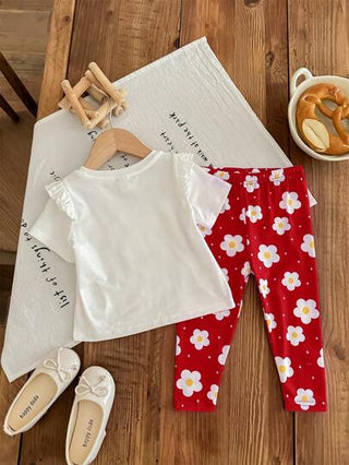 طقم للبنات الرضع: ملابس علوية كروشيه بأكمام قصيرة وبنطلون بطباعة زهرية، مناسب للربيع والصيف