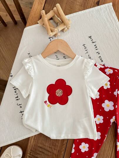 طقم للبنات الرضع: ملابس علوية كروشيه بأكمام قصيرة وبنطلون بطباعة زهرية، مناسب للربيع والصيف