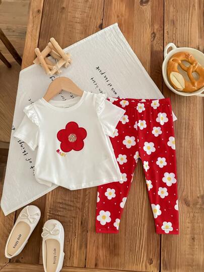 طقم للبنات الرضع: ملابس علوية كروشيه بأكمام قصيرة وبنطلون بطباعة زهرية، مناسب للربيع والصيف